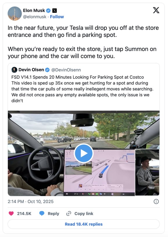 特斯拉 CEO 馬斯克透露未來自主泊車功能將上線